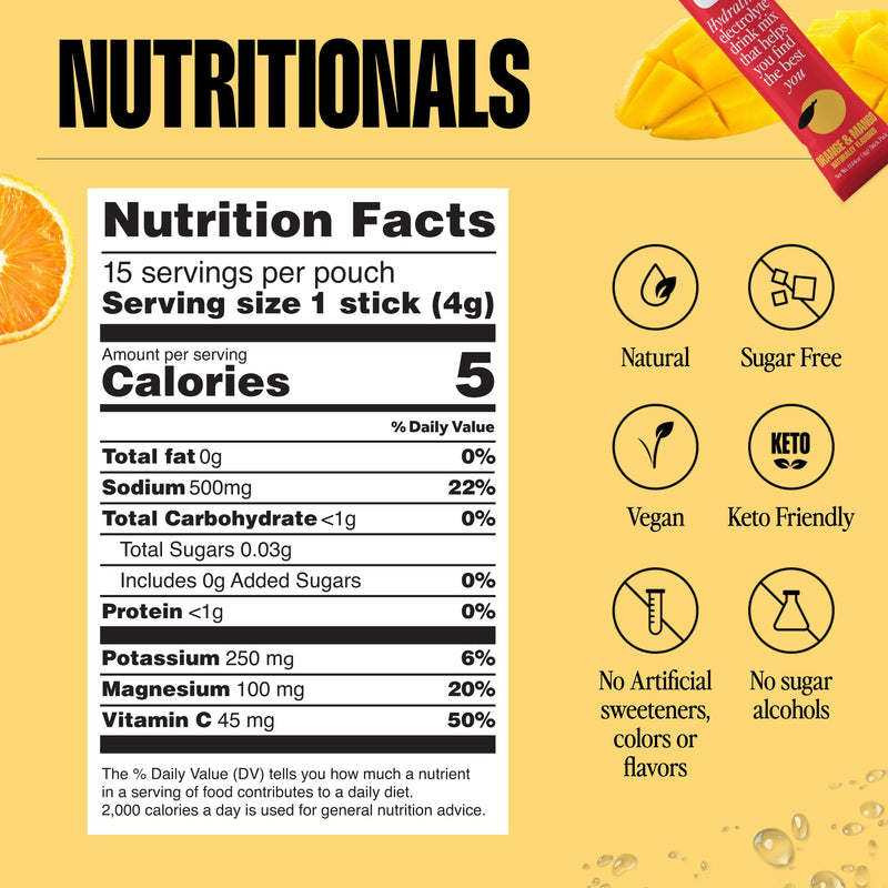 HYRO Electrolyte Powder Packets, Sugar Free, Orange Mango, 15 Count | Magnesium, Potassium & Vitamin C for daily hydration. Keto & Vegan friendly. Sugar-free with no artificial sweeteners added.