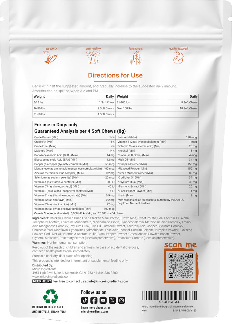 Micro Ingredients 25-in-1 Dog Multivitamin, 240 Soft Chews | Daily Essential Dog Vitamins and Supplements for Immune, Skin, Coat, Joints & Digestion Health* | Non-GMO, Chicken-Flavored