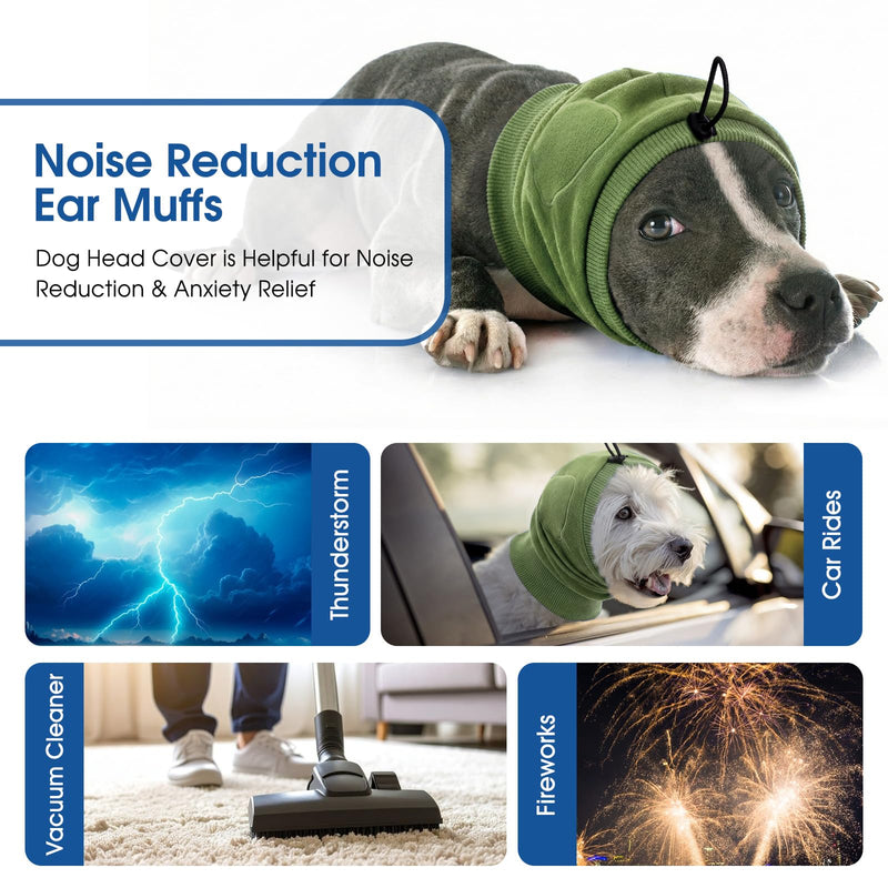 No Shake Ear Wraps for Dogs, Adjustable Dog Ear Cover with SoundProof Pads, Anxiety Relief Pet Ears Muffs Noise Protection Dog Calming Hoodie for Hematoma, Grooming, Thunder, Army Green L Large ArmyGreen