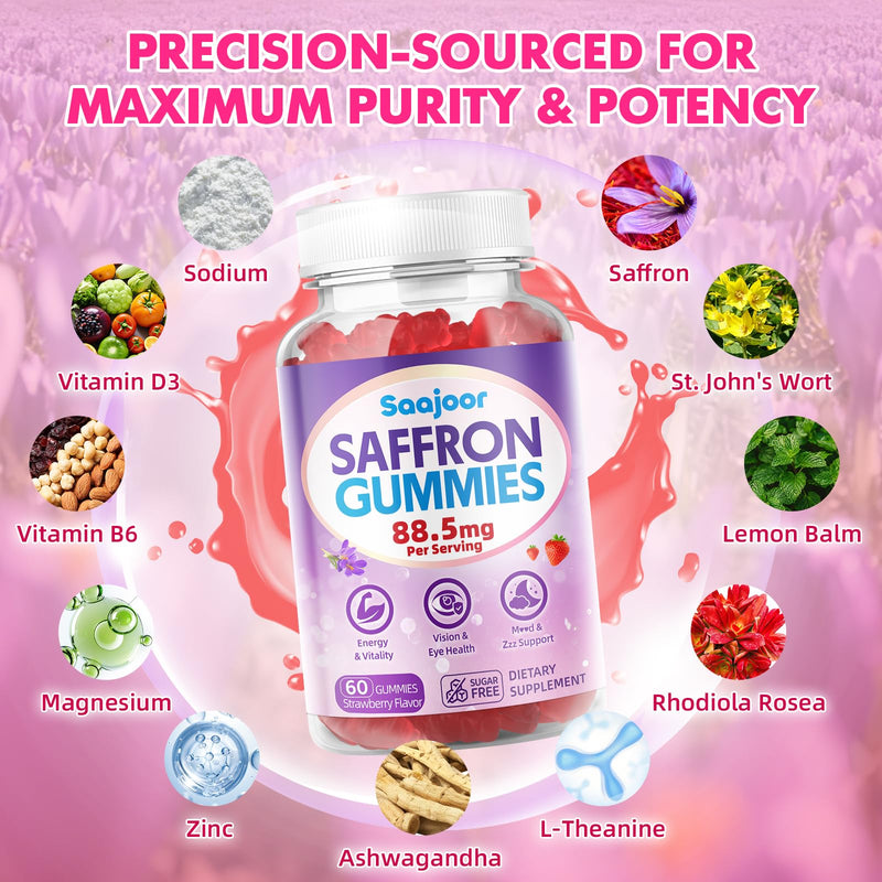 Saffron Gummies for Adult Kids - with Saffron 88.5mg, Vitamins D3 & B6, Magnesium, Zinc, Ashwagandha, L - Theanine, St. John's Wort - Supports Mood & Focus, Strawberry Flavor, 60 Count 1pack