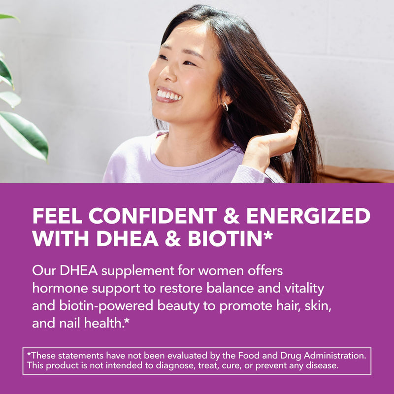 DHEA Supplement for Women with Biotin 5000mcg Per Serving, 2 Month Supply | DHEA 50mg and Biotin Supplement for Hormone Balance and Hair, Skin, Nail Support, Vegan, Non-GMO, Gluten-Free, 60 Servings DHEA + Biotin (60 Count)