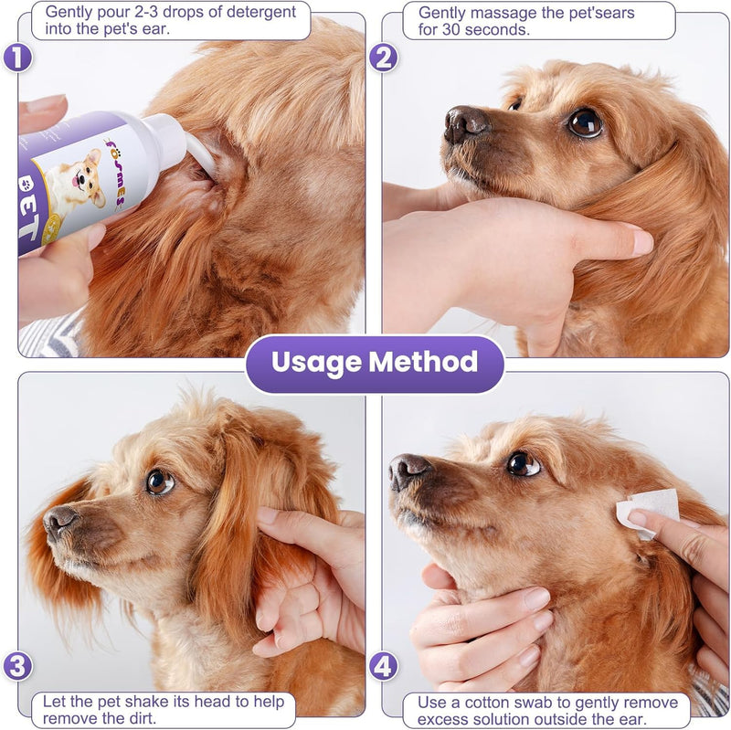Dog Ear Cleaner, Soft Tube Ear Drops for Dogs, Relieves Ear Infections and Itching, Removes Earwax and Dirt, Suitable for Dogs and Cats, 120ml