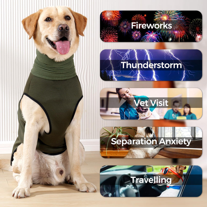 HEYWEAN dog coat with calming hood and ear protection, anti-stress vest, dog calming vest, dog turtleneck for dogs, anxiety calming jacket for dogs, calming shirt with reflective stripes, XL olive - BeesActive Australia