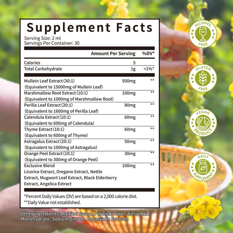 Mullein Drops for Lungs – 15,000mg Mullein Leaf Extract with Marshmallow Root, Perilla & Astragalus for Respiratory Support, Immune Boost & Lung Detox, Natural Herbal Formula, Vegan, 2 fl oz - BeesActive Australia