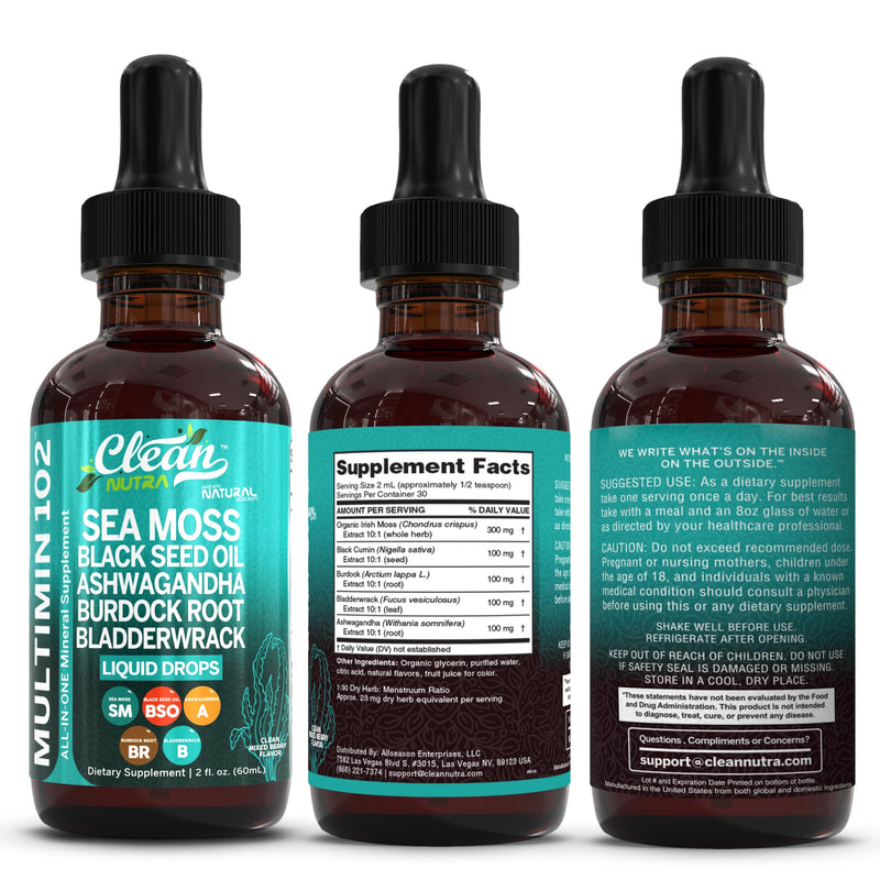 Clean Nutra Organic Sea Moss Drops Supplement | Black Seed Oil Irish Seamoss Ashwagandha Burdock Root & Bladderwrack - Multimineral Liquid Vegan for Gut Heath Energy Skin Immune Support & Hair 1