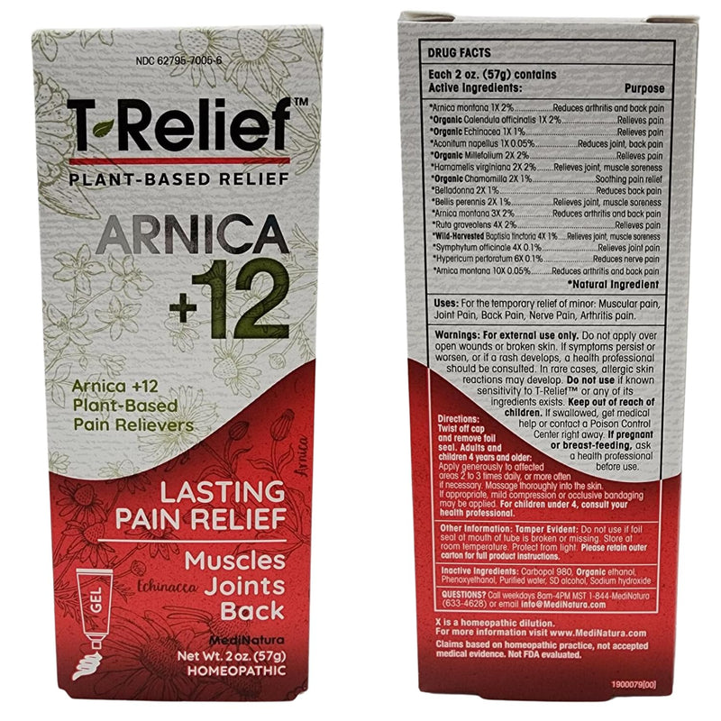 T-Relief Arnica +12 Gel Natural Actives for Back Joint Soreness Muscle Aches & Stiffness Whole Body Fast Acting Homeopathic Rub for Women & Men - 2 oz - BeesActive Australia