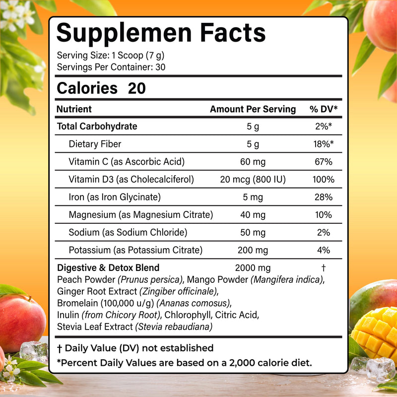 Psyllium Husk Powder Tropical Flavored Digestive Support 7.4 Oz | 5000mg fiber blend with Vitamin C, D3, Iron, Magnesium & Bromelain. Vegan, sugar-free, gluten-free.