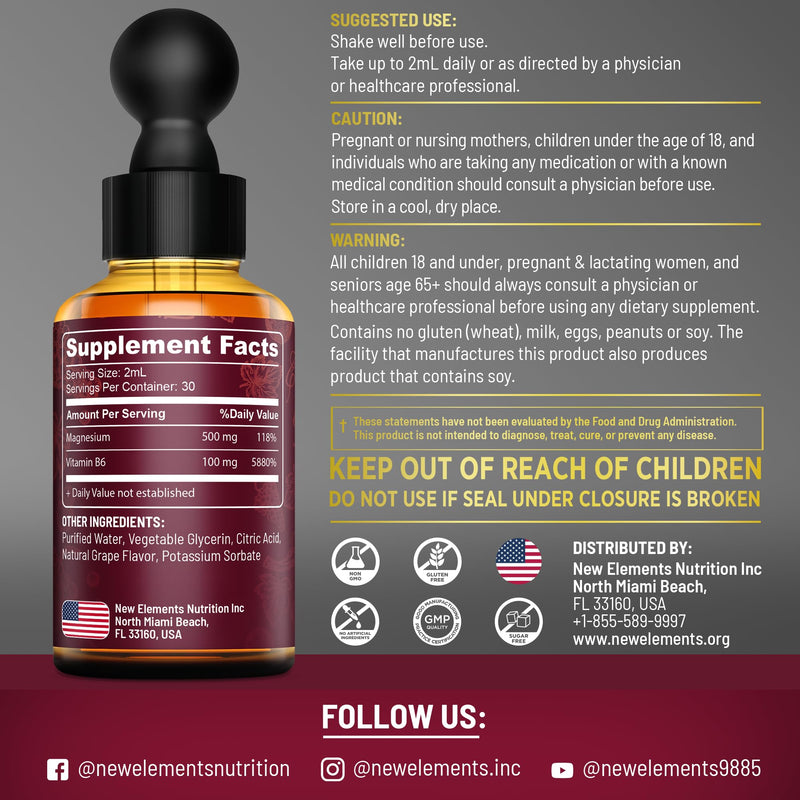 Liquid Magnesium Glycinate Drops with Vitamin B6 - Magnesium Supplement 500mg & Vitamin B6 100mg | Non-GMO No Gluten | Stress Relief | Sleep & Relaxation | Muscle & Heart Support | Natural & Vegan