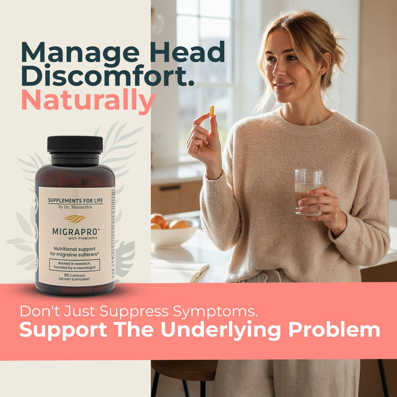 Dr. Munnerlyn's MigraPro with Probiotics, Brain and Gut Health, 90 Capsules | Contains Magnesium, Riboflavin, CoQ10, Ginger Root, Asian Ginseng, Vitamin C, Feverfew & Turmeric, Gluten Free, 30 Day Supply