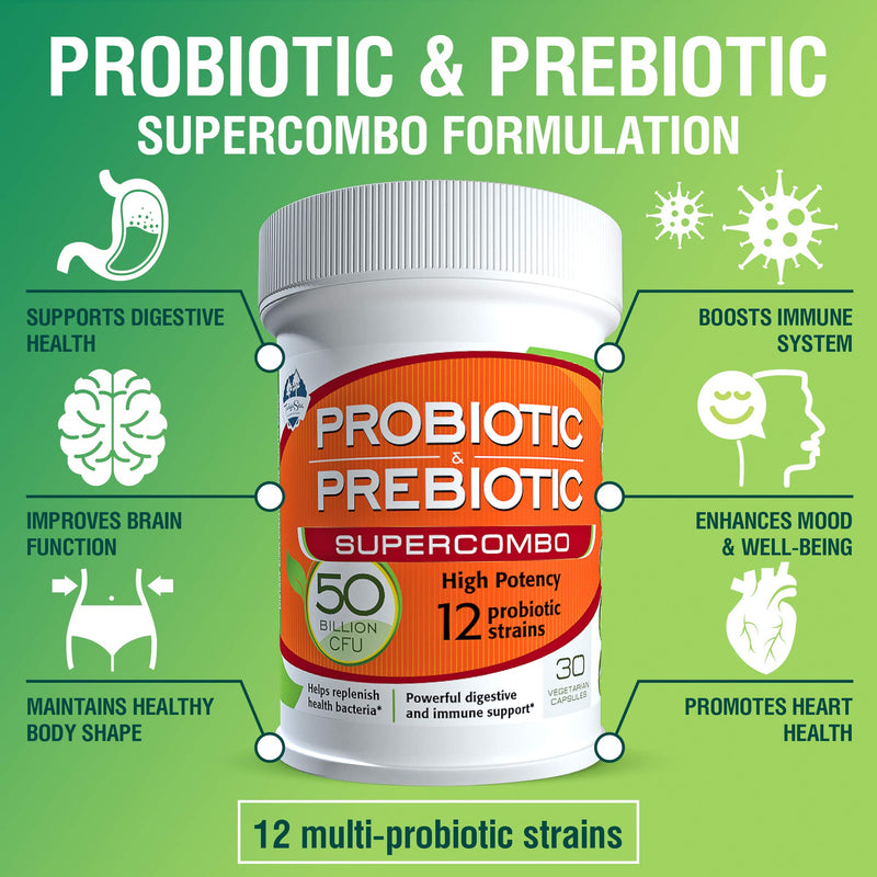 50 Billion CFU Prebiotic and Probiotic Supplement for Women and Men, 12 Strains for Daily Immune Support and Digestive Health, 30 Veggie Capsules, Non Refrigerated High Potency Probiotics