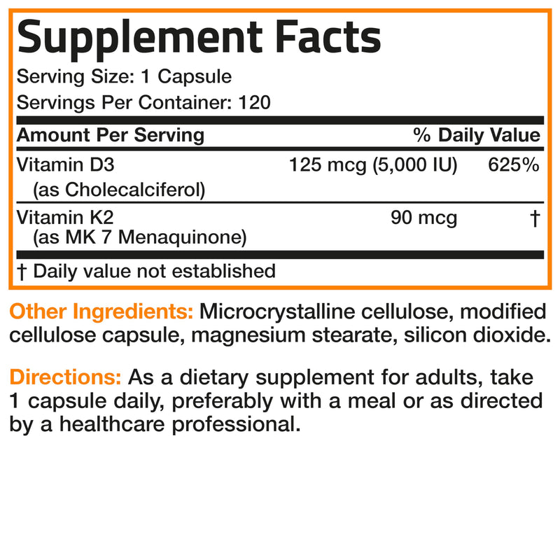 Bronson Vitamin K2 (MK7) with D3 Supplement Non-GMO Formula 5000 IU Vitamin D3 & 90 mcg Vitamin K2 MK-7 Easy to Swallow Vitamin D & K Complex, 120 Capsules. Unflavored 120 Count (Pack of 1) - BeesActive Australia