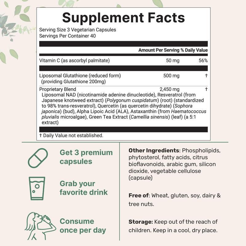 Micro Ingredients Liposomal Reduced Glutathione Complex 3,000mg - 8‑in‑1 Advanced Glutathione Supplement with NAD, Resveratrol, Quercetin, Alpha Lipoic Acid & Vitamin C - 120 Vegetarian Caps