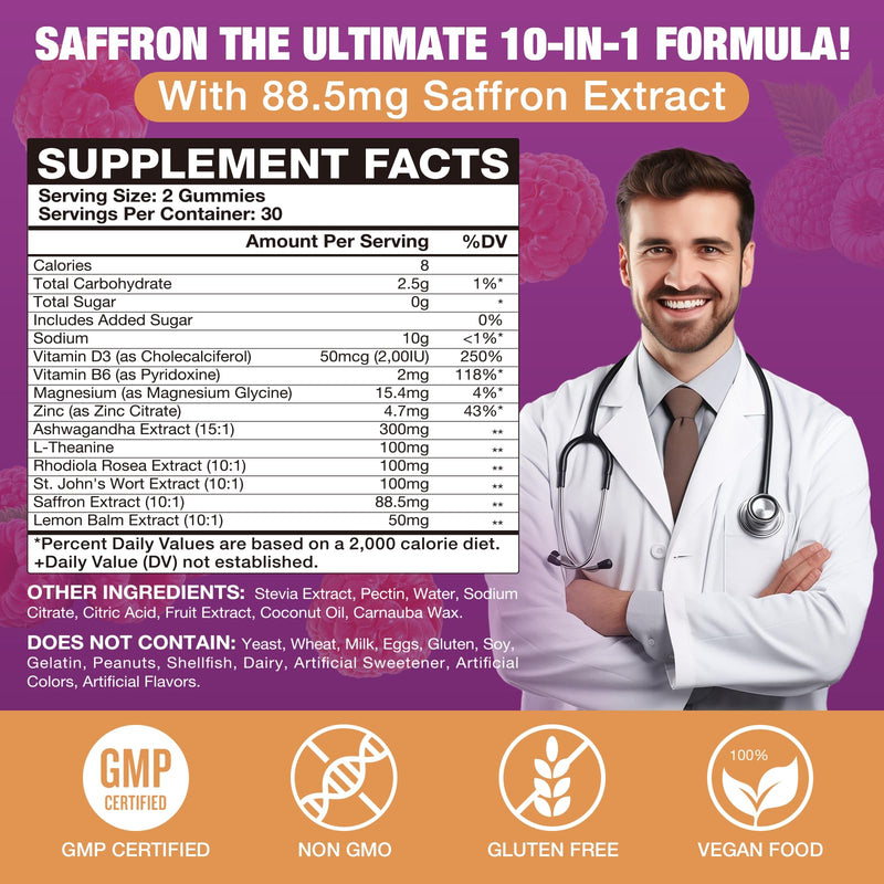 Saffron Gummies (88.5 mg) with Magnesium — Enhanced with St. John’s Wort, Rhodiola, Ashwagandha & Vitamins B6, B12, D3 for Mood & Focus Support — 60 Count 1pack