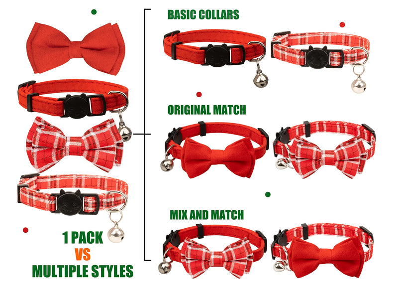 Cat Collar Breakaway Bowtie Safety with Bell Adjustbale Kitten Puppy Solid Plaid Color Set J-[2pcs] Red - BeesActive Australia