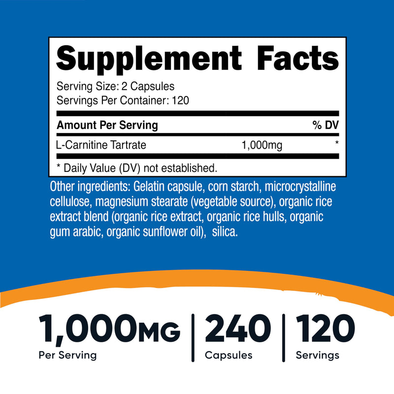 Nutricost L-Carnitine Tartrate 1,000mg, 240 Capsules - 500mg Per Capsule, 120 Servings (Pack of 2) 240 Count (Pack of 2)