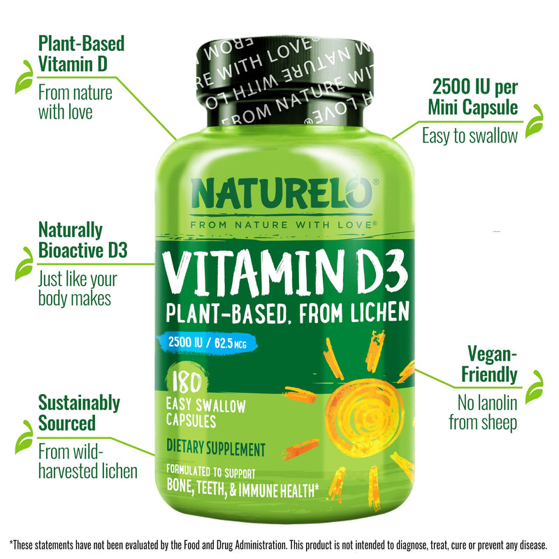 NATURELO Vitamin D3 2500 IU, Joint Support & Bone Health, 180 Count, 2 Pack | Vegan D3 Supplement, Vitamin D Supplements for Immune System, Plant-Based Capsules, Non-GMO, Gluten Free Unflavored 180 Count (Pack of 2)