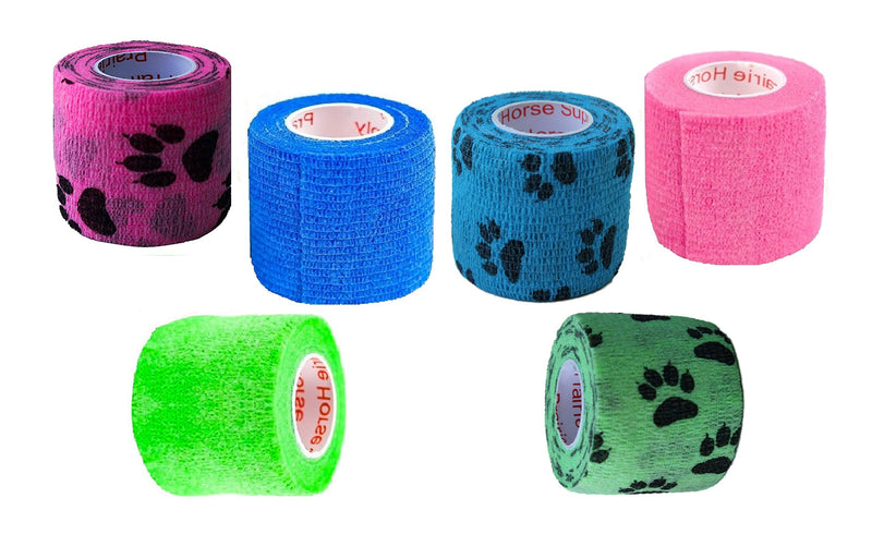 2 Inch Vet Wrap Tape Bulk (Blue, Neon Green, Neon Pink, and Black Paw Prints on Blue, Neon Green, Neon Pink) (Pack of 6) Self Adhesive Adherent Adhering Flex Bandage Grip Roll for Dog Cat Pet 6 Rolls Assorted 2 - BeesActive Australia