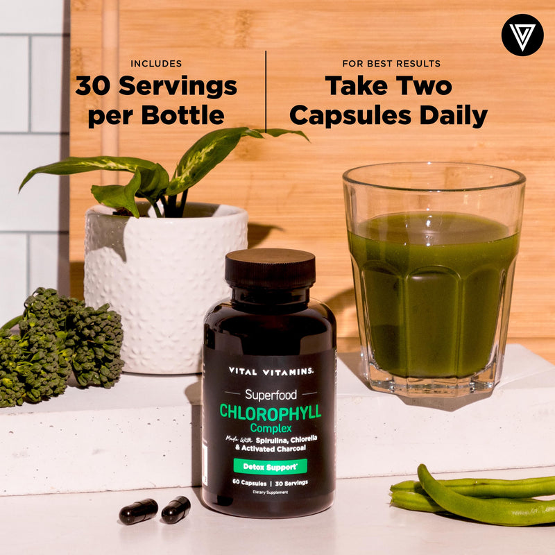 Vital Vitamins Chlorophyll Pills with Spirulina, Chlorella & Charcoal | Detoxifies & Freshens from Within, Natural Body Deodorizer, Superfood Complex for Women & Men, 60 Capsules 60 Count (Pack of 1)