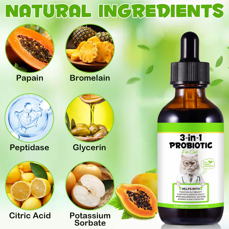 3-in-1 Probiotics for Cats with Digestive Enzymes & Prebiotics – Supports Gut Health, Immune System & Diarrhea Relief – 60ml for Cats of All Ages Pack of 1