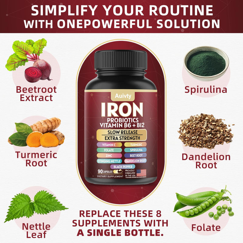 Iron Supplement with Slow Release Iron, Probiotics, Spirulina, Turmeric, Vitamin C, B6, B12, Zinc & Folate, 13-in-1 Daily Support, Gentle on Stomach, 60 Veggie Capsules