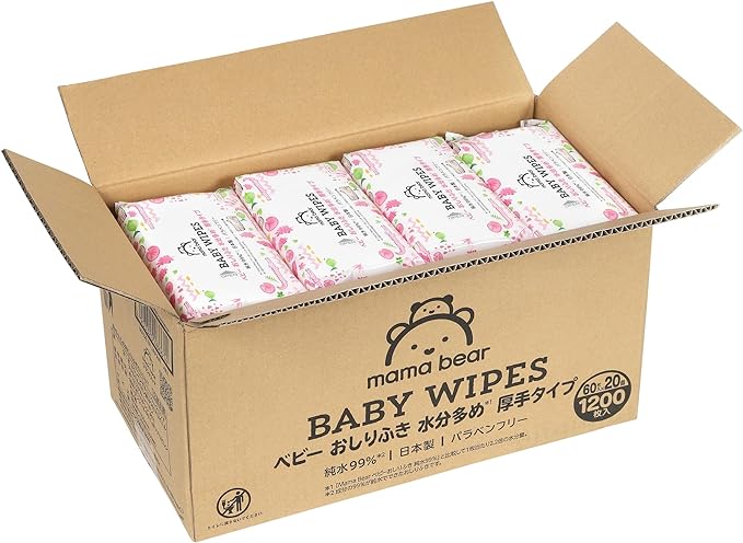 Mama Bear Baby Wipes, 99% Pure Water, Thick Type, Moisturized, Unscented, 60 Sheets x 20 Packs (1,200 Sheets), Case Product, Made in Japan - BeesActive Australia