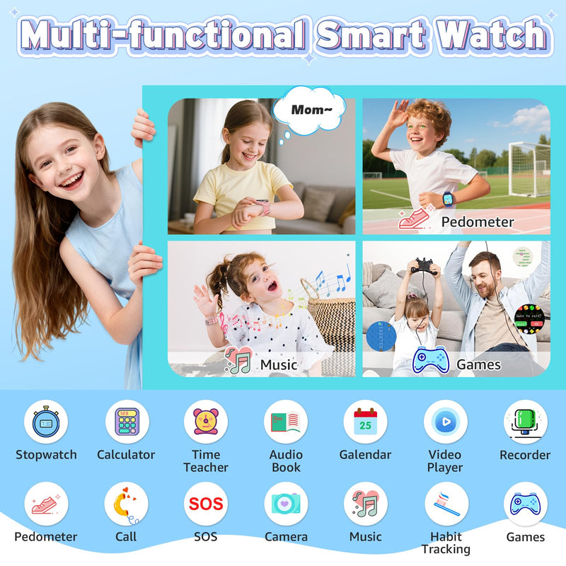4G Kids Smart Watch - Smartwatch for Kids with SIM Card, SOS Call Camera Video Alarm Stopwatch AudioBook Music Games Pedometer Gift Toys for 4-12 Years Old Boys and Girls (Blue) Dark Blue No GPS