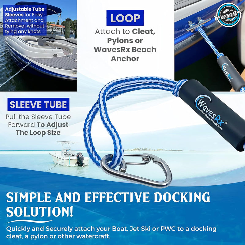 WAVESRX DockingPal - Premium Bungee Dock Line for Boats & PWC | Elastic Mooring Rope Stretches to Absorb Shocks & Prevent Damage to Your Watercraft | Safer Docking for Your Boat, Jet Ski, Pontoon 6'-8" (2PK) + Carabiner - BeesActive Australia
