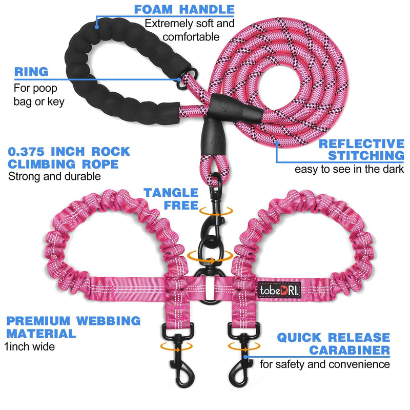 Comfortable Dual Dog Leash Tangle Free with Shock Absorbing Bungee Reflective 2 Dog Leashes for Large Medium Small Dogs (Pink 0-25 lbs) Dogs weight 0-25lbs Pink - BeesActive Australia