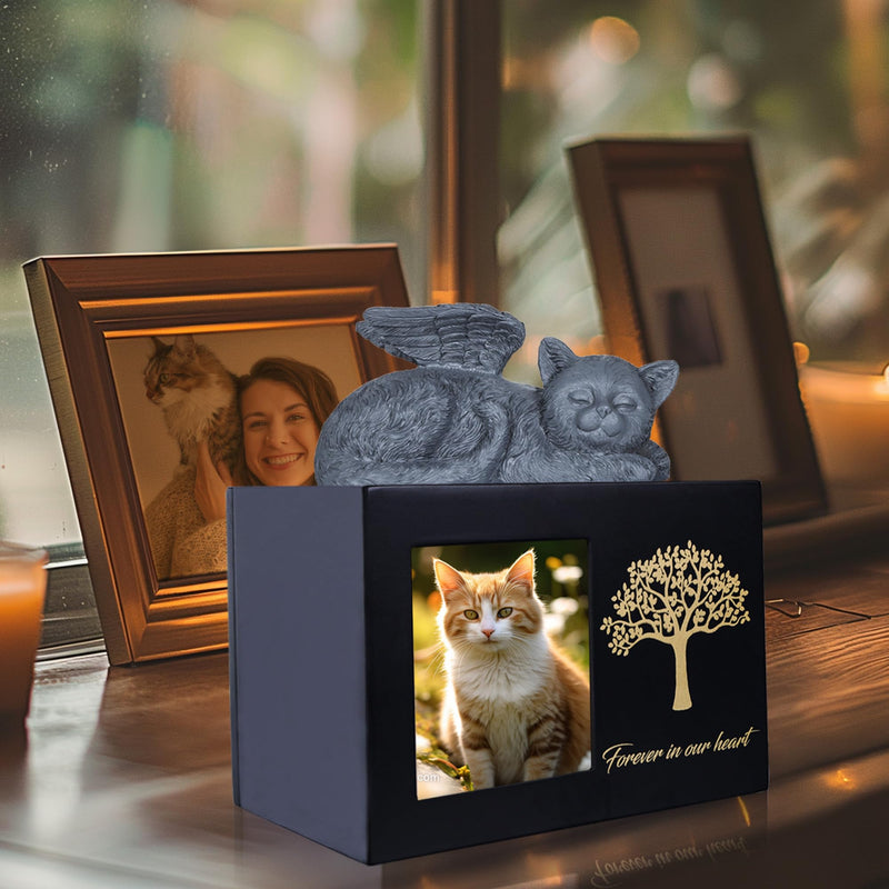 DiDiBirDi animal urns for cats, pet cremation box, cat urn for ashes, black cat urns made of wood for ashes, comes with a cat angel statue made of resin and a velvet bag for storage set 1 - BeesActive Australia
