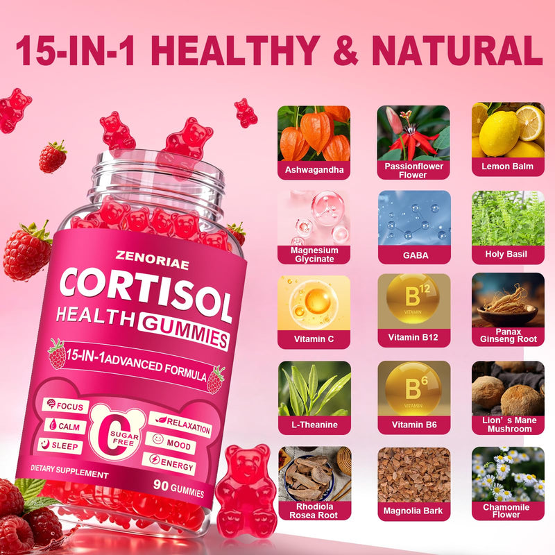 Cortisol Supplements for Women & Men, Sugar Free, 15-in-1 Cortisol Gummies, with Magnesium, Ashwagandha, L-Theanine & Rhodiola, Stress, Mood & Focus Support, Vegan, Cortisol Reducer, 90 Count 90 Count (Pack of 1)