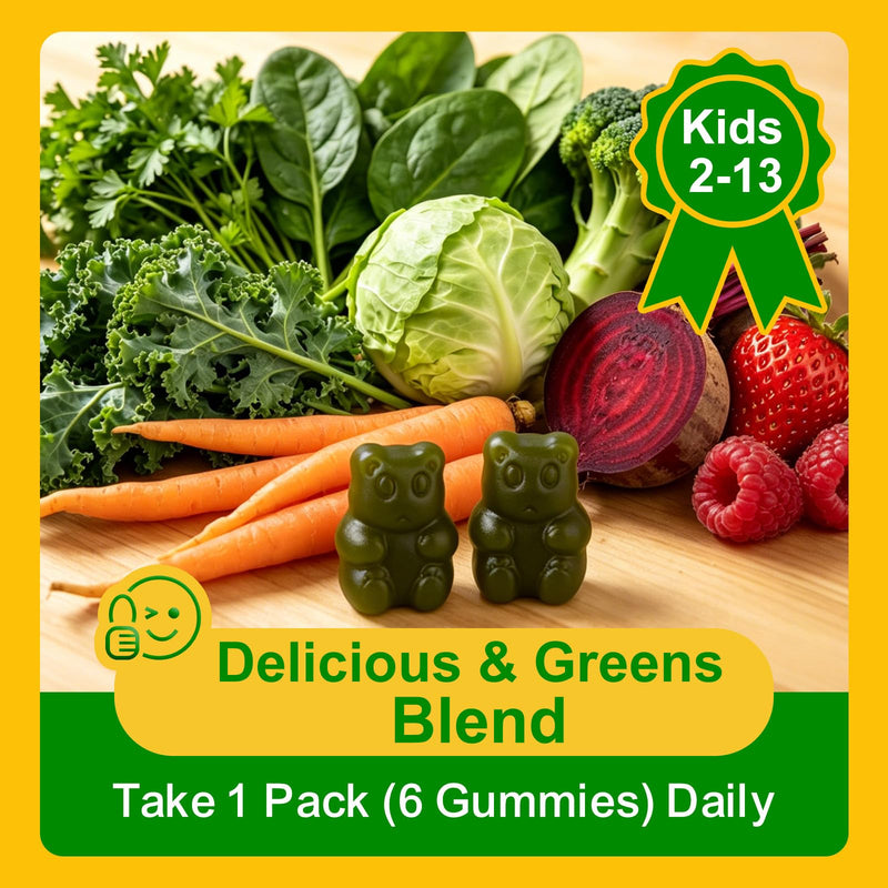 Greens Daily Gummies for Kids, Superfood Fruits and Veggies Blend with Spirulina, Chlorella, Prebiotics & Fiber, Adaptogens Multivitamin Supplement for Digestive Health, Non-GMO, 90 Count 90 Count (Pack of 1) Low Sugar