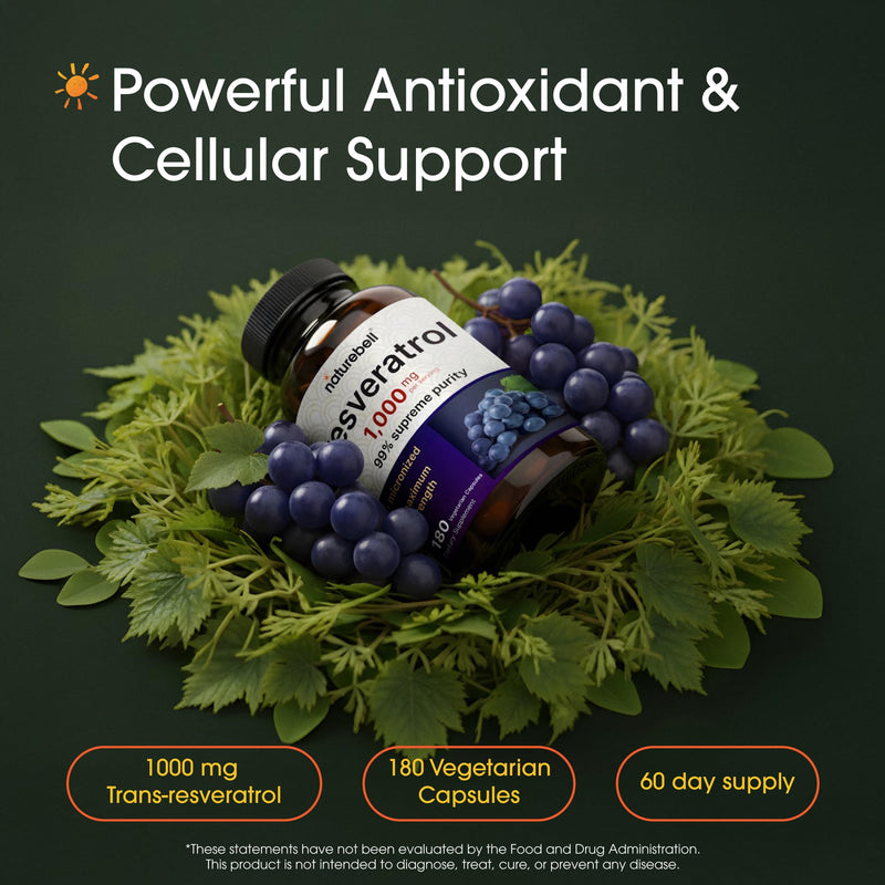 NatureBell Resveratrol - 180 Vegetarian Capsules - 1,000mg Polygonum Cuspidatum Extract - Antioxidant Support - Heart, Brain & Immune Wellness*