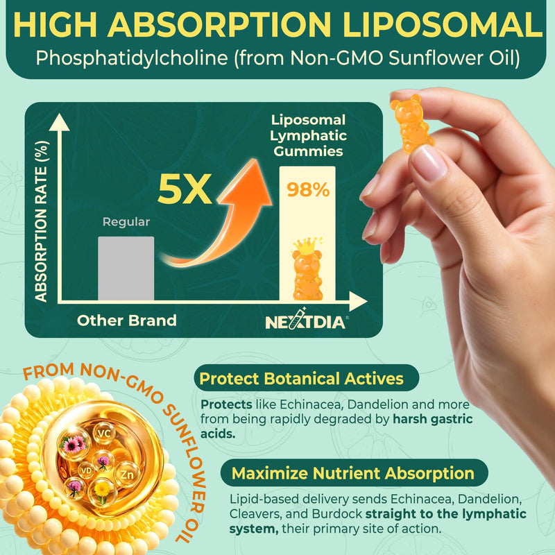 Liposomal Lymphatic Drainage Supplements Gummies, 16-IN-1 Lymph & Immune System Blend with Echinacea, Burdock Root, Dandelion, Cleavers, Vitamin A C D3 Zinc, Potassium Magnesium for Cleanse, 120cts