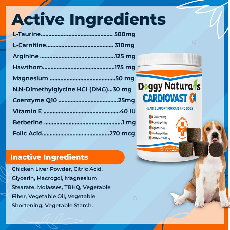 CardioVast Cardio Support and Cardio Strength Supplement for Dog and Cats, L-Taurine, L-Carnitine, Hawthorn, L Arginine, Coenzyme Q10-Supports Cardiovascular Heart Health - Made in USA - 60 Soft Chew