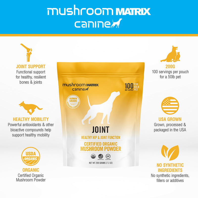 Om Mushroom Matrix Pet Joint & Hip Function, USA Grown Human-Grade Organic Mushroom Powder Pet Supplement, Promotes Resilient Bones & Joints for Dogs & Cats, 200 Grams, 7.1 oz - PawsPlanet Australia