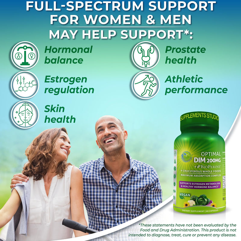 DIM Supplement Hormone Balance for Women & Men Made with Organic Vegetables | Diindolylmethane 200mg - Estrogen Balance Support, Maximum Absorption, Delayed-Release, Easy-to-Swallow Capsules, 60ct