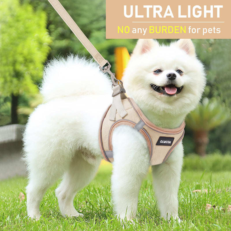 GAMUDA Small Pet Harness Collar and Leash Set, Step in No Chock No Pull Linen Fabric Soft Mesh Dog Vest Harnesses Reflective for Dogs Puppy Cats Kitten Rabbit (Khaki, S) Khaki - BeesActive Australia