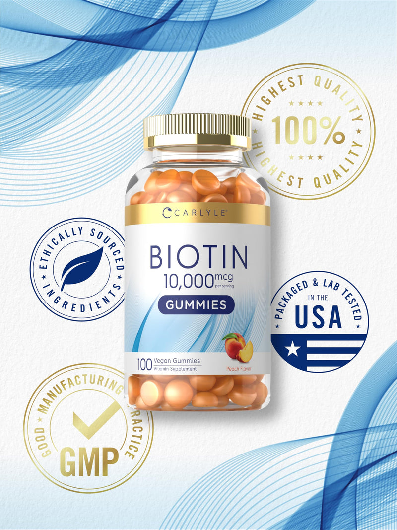 Carlyle Biotin 10000mcg Gummies | 100 Count | Peach Flavor Supplement | Vegan, Non-GMO, Gluten Free 100 Count (Pack of 1)