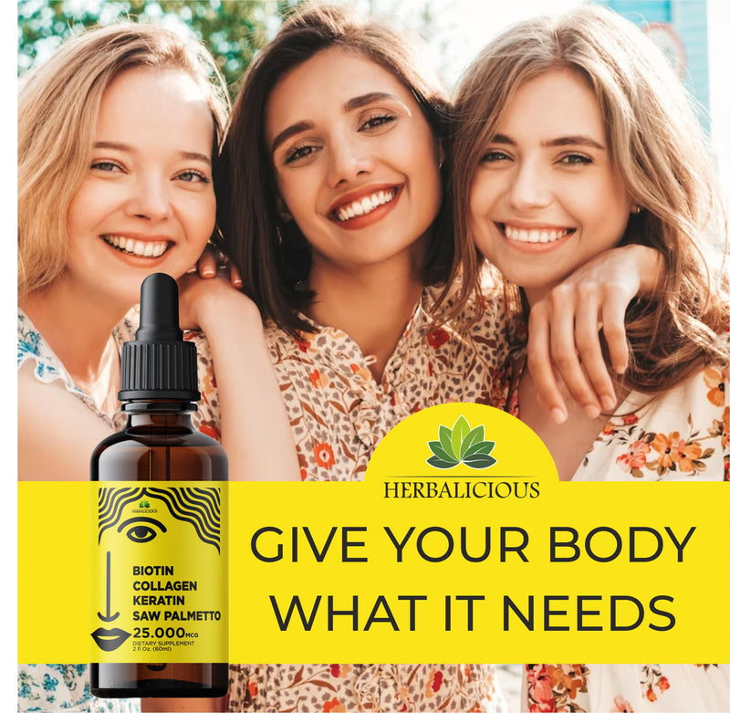Liquid Collagen Supplements for Women - Comprehensive Formula Hair Skin Nails Supplement with 10000mcg Collagen 5000 mcg Biotin 5000 mcg Keratin 5000 mcg Saw Palmetto, Made in USA, 2fl oz