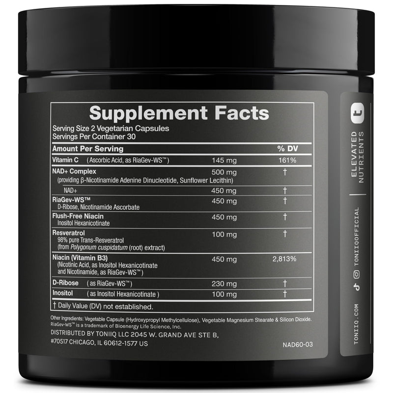 Toniiq Liposomal NAD+ and Resveratrol Supplement - 1500mg | Ultra High Strength NAD Supplement—Clinically Studied Ingredients with Patented RiaGev-WS™, Resveratrol & Niacin—60 Capsules 60 Count (Pack of 1)