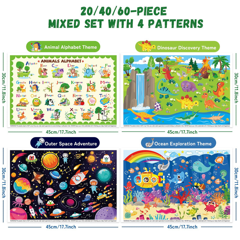 Sticky Disposable Placemats 40Pack: 12" x 18" Adhesive Table Mats for Baby,Plastic Travel Placemats for Restaurant High Chair Eating(Animal Space Ocean Dinosaur Theme) 12x18 Inch (Pack of 40)