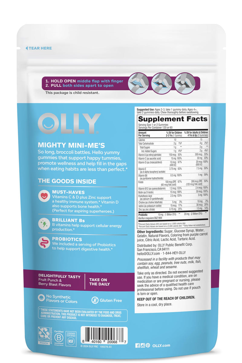 OLLY Kids Multivitamin & Probiotic Gummy,Digestive Support,Vitamins A,D,C,E,B,Zinc,Chewable Supplement,Berry Flavor,60 Day Supply -,120 Count (Pack of 2) 120 Count (Pack of 2)