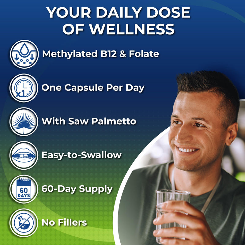 Vegan Methylated Multivitamin for Men - Saw Palmetto, Biotin & Probiotics | Men's Daily Multivitamin - Energy, Digestive & Optimal Health Support, Organic Superfoods, Easy-to-Swallow Capsules 60 Count (Pack of 1) Men's Multivitamin