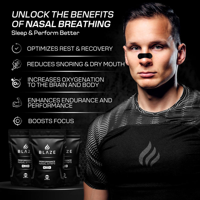 Performance Nose Strips for Breathing (60 Count) - Oil & Sweat Proof Adhesive - Athletic Nasal Strips for Snoring & Sleeping - Black, Wide Body, Universal Fit, Extra Strength Wide Black