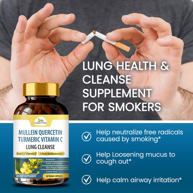 Organic Veda Mullein Quercetin Turmeric Lung Cleanse Capsules – 13 in 1 Herbal Lung Health Supplement with Bromelain, Ginger, Vitamin C – Respiratory Immune, Lung Detox for Smokers (60 Capsules) 60 Count (Pack of 1)