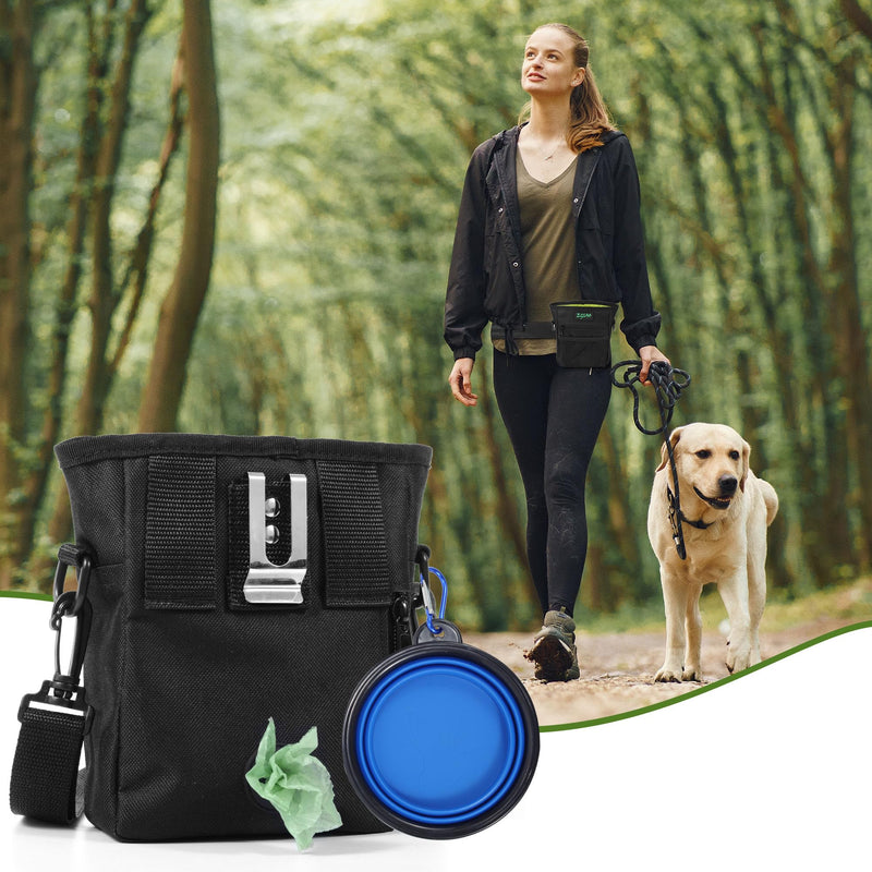 Dog Treat Pouch with Collapsible Dog Bowl, Training Clicker and Poop Bags, Treat Pouches for Pet Training, Built-in Poop Bag Dispenser, Waist Belt Clip, Puppy Treat Pouch Magnetic Closure - Black - BeesActive Australia