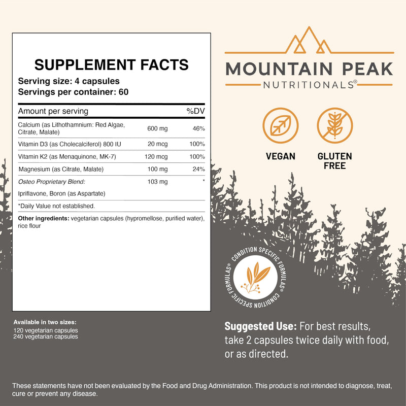 Mountain Peak Nutritionals Osteo Supplement - Organ & Strong Bone Support, Promotes Bone Health - With Vitamins D3, K2, Calcium, and Magnesium - Bone Building & Strengthening (240 Vegetarian Capsules) 240 Count (Pack of 1)