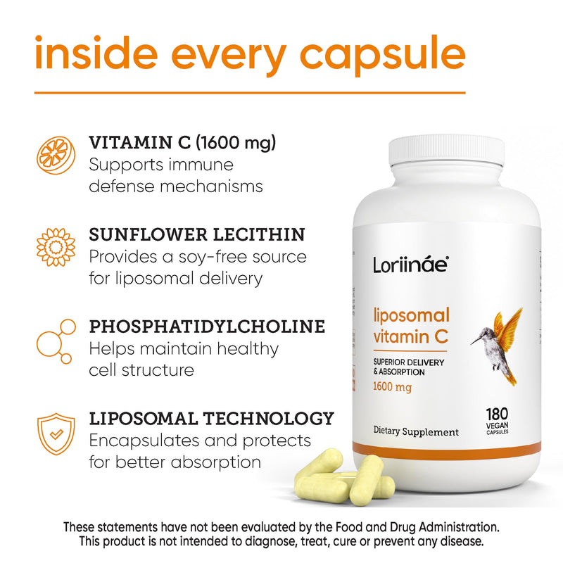 Liposomal Vitamin C 1600mg Capsules with Sunflower Lecithin, 180 Vegan Caps | Gentle on the stomach, non-citrus, soy-free, and third-party tested for purity and potency