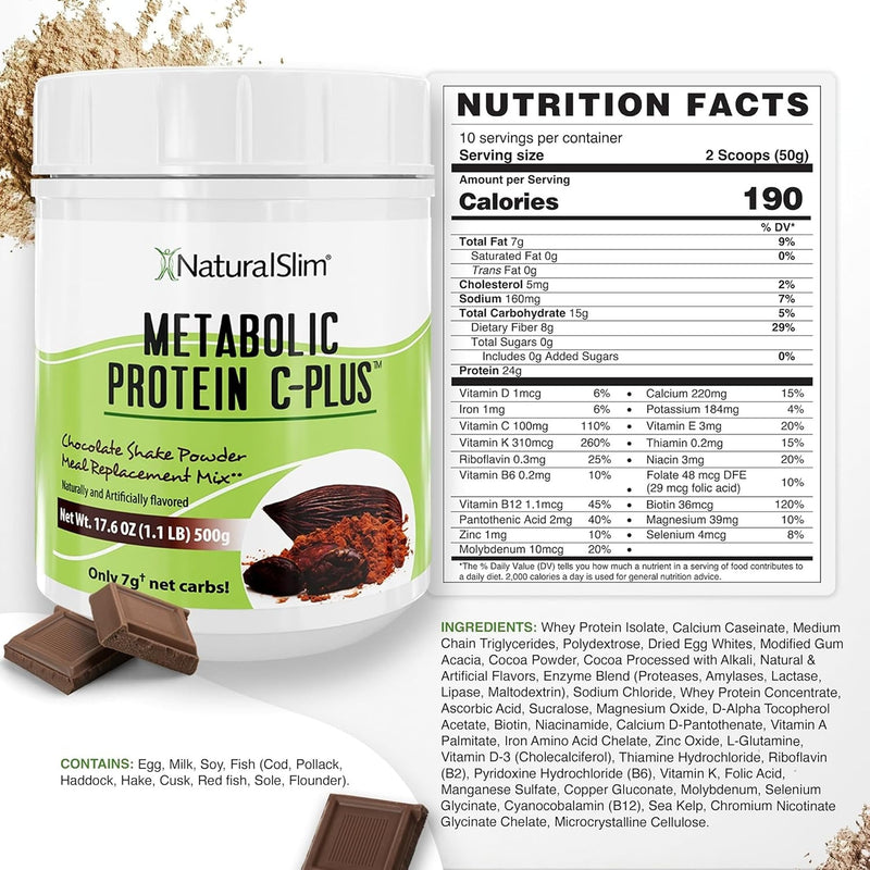 NaturalSlim Metabolic Protein C-Plus, Chocolate, 1.1 lb | Whey Protein Powder and Shake, Vitamin C, L-Glutamine and Digestive Enzymes, Support Metabolism, Energy and Gut Health Chocolate C Plus