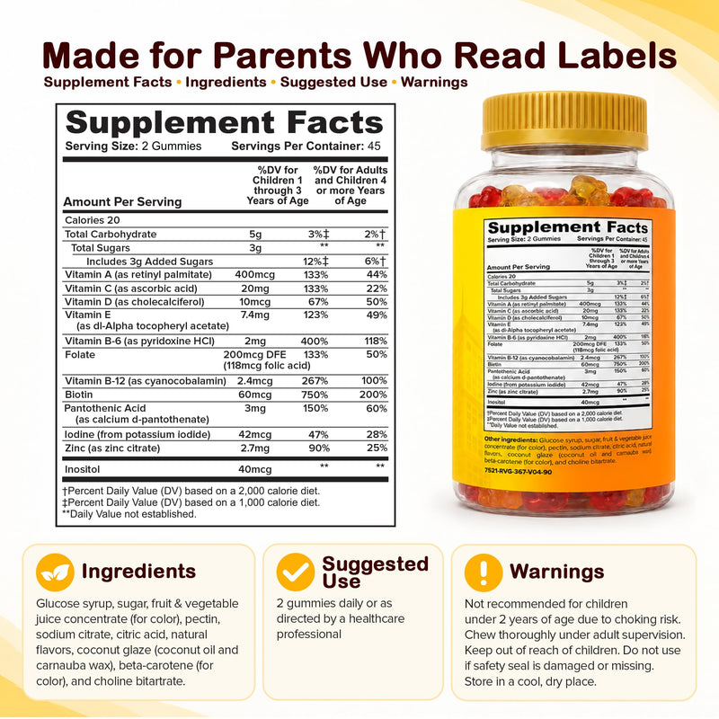 Kids Multivitamin Gummies, Halal Toddler Vitamins, Age 2+, 90ct | Immune Support, 11 Vitamins & Minerals A, C, D3, E, B6, B12, Zinc & Iodine, Gelatin Free, Gluten & Dairy Free, 45 Days Supply